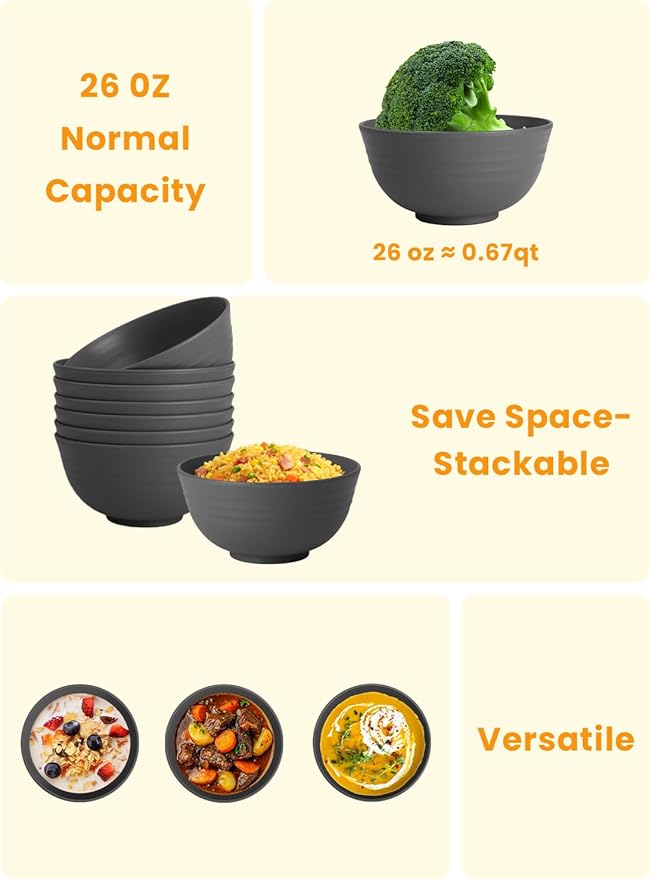 Hoimenly Wheat Straw Bowls for Kitchen, Unbreakable Cereal Bowl Set of 8, 26oz Microwave and Dishwasher Safe Bowls Set for Party, Camping, Alternatives to Plastic Bowl, Stackable Soup Bowls(Dark Grey)