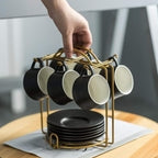 YHOSSEUN Ceramic Espresso Cups Set of 6, 4 Oz Expresso Shots Cup with Stand & Saucers, Small Coffee Espresso Cup Demitasse Cups, Black