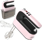 9-Speed Digital Hand Mixer Electric, 400W Powerful DC Motor, Baking Mixer Handheld with Snap-On Storage Case, 5 Stainless Steel Accessories, Flat Beaters, Dough Hooks, Whisk (Pink&Black)