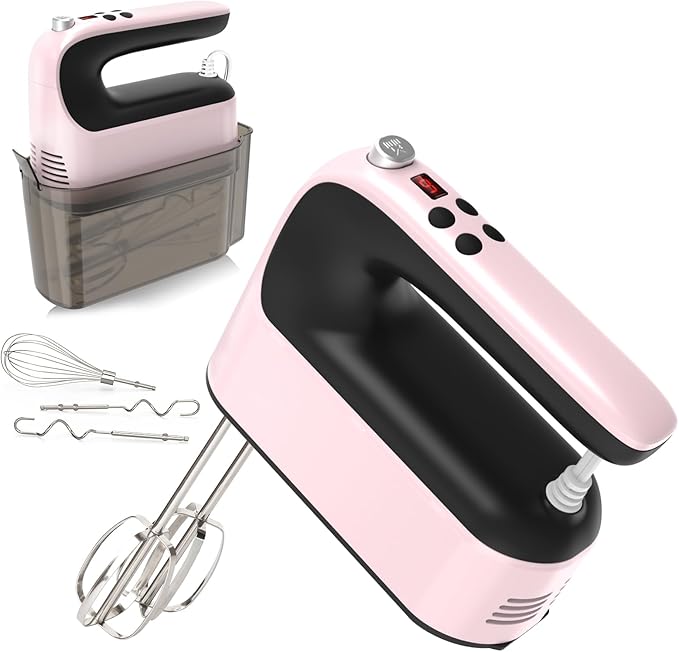9-Speed Digital Hand Mixer Electric, 400W Powerful DC Motor, Baking Mixer Handheld with Snap-On Storage Case, 5 Stainless Steel Accessories, Flat Beaters, Dough Hooks, Whisk (Pink&Black)