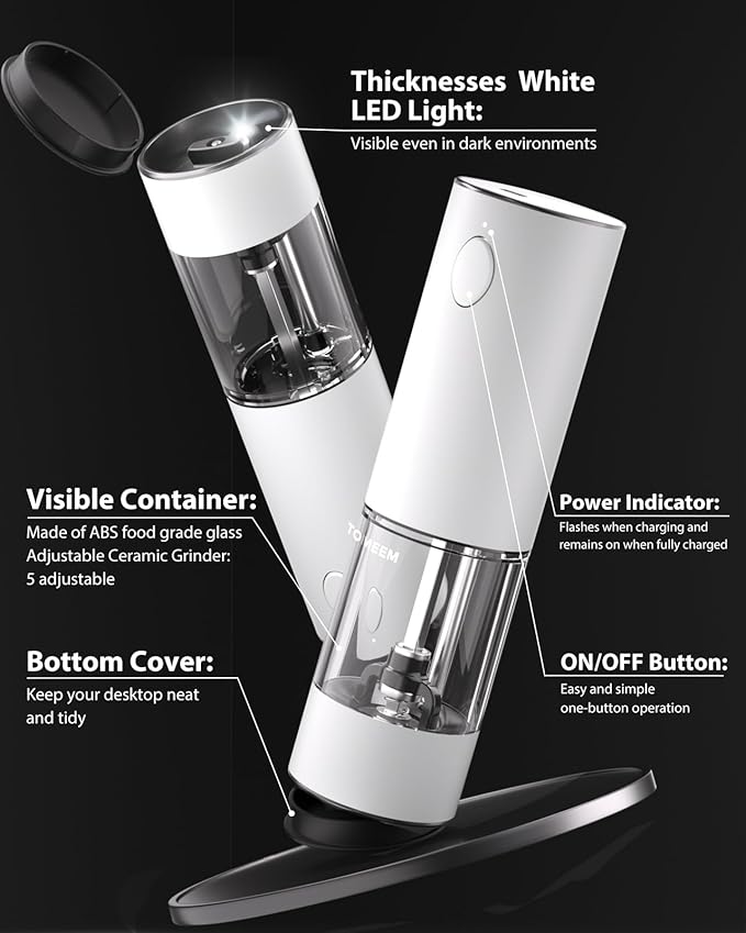 TOMEEM Upgraded Larger Capacity Electric Salt and Pepper Grinder Set Rechargeable with LED lights, Stainless Steel Automatic Pepper and Salt Grinder Refillable with 5 Adjustable Coarseness White