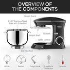 9.5 Qt Stand Mixer, 10-Speed Tilt-Head Food Mixer, Vezzio 660W Kitchen Electric Mixer with Stainless Steel Bowl, Dishwasher-Safe Attachments for Most Home Cooks(Black)