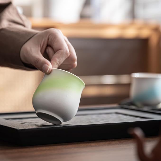 4-Oz Ceramic Espresso Cups Set - Multi-Color, Handle-Free Design for Home & Cafe | Dishwasher-Safe Stoneware Cups (Kiln turning green, 2)