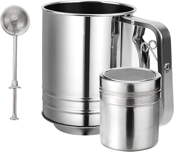 Flour Sifter, 3 in 1 Stainless Steel Sifter for Baking, 3 Cup Double Layer Fine Mesh Sifter, Powdered Sugar Shaker Duster Set for Baking Cakes, Pastries, Pies, Cupcakes and Desserts