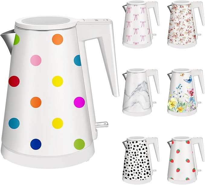 1.2L Double Wall Stainless Steel Interior Water Boiler, Cordless, 1000W Fast Boil with LED Light Coffee Pot & Tea Electric Kettle, Auto Shut-Off and Boil-Dry Protection (Colorful Dots)