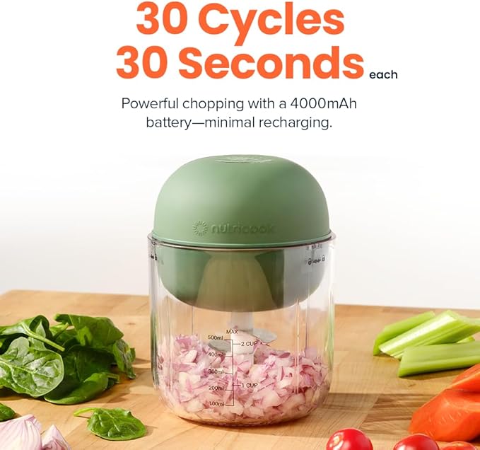 Choppi Cordless Electric Vegetable Chopper & Mini Food Processor for Dicing, Shredding, Mincing, and Puree, Portable and Rechargeable, 2-Cup, 500 mL, 4000 mAh Battery, Sage Green