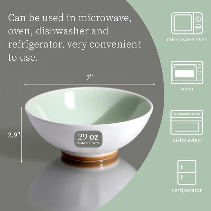 Large Pasta Bowls Set of 6, 29 oz Green Porcelain 7 inch, Microwave Oven Dishwasher Safe for Salad Soup