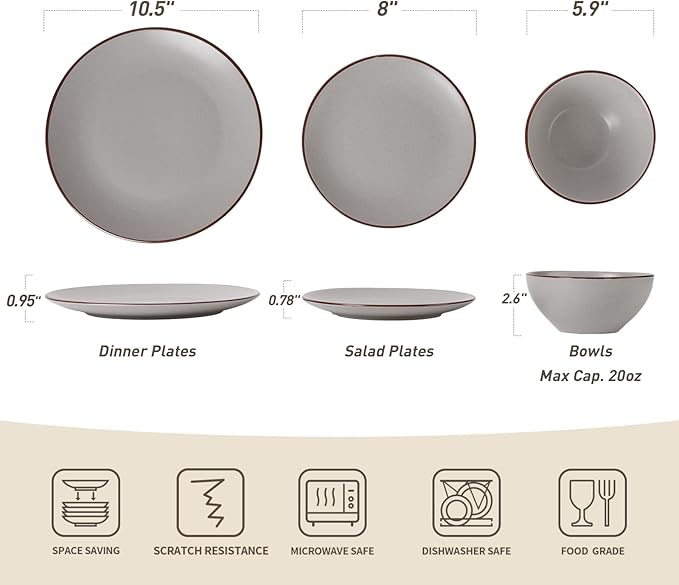 Famiware Venus Plates and Bowls Sets, 12 Pieces Stoneware Speckled Dinnerware Sets, Dishes Set for 4, Microwave and Dishwasher Safe, Matte Light Grey