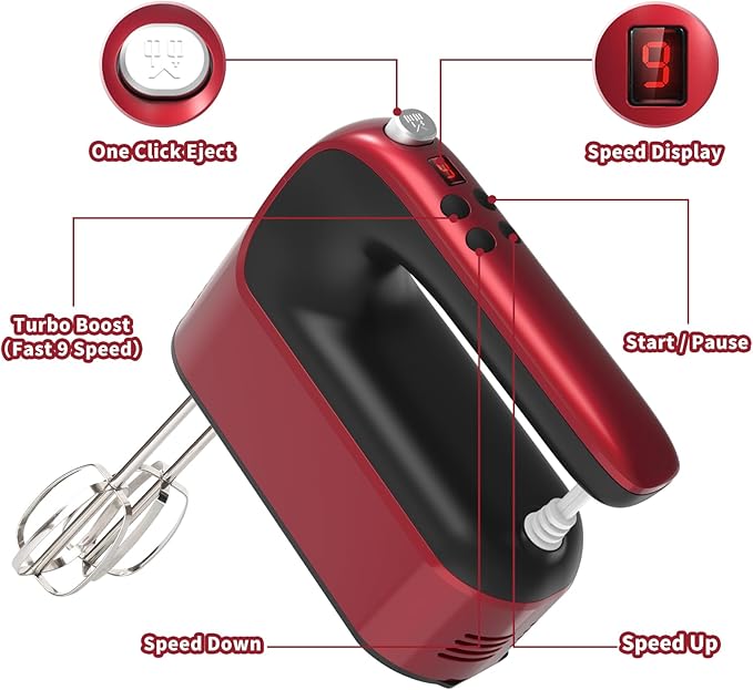 9-Speed Digital Hand Mixer Electric, 400W DC Motor, Hand Mixer electric Handheld with Snap-On Storage Case, Touch Button, Turbo Boost, 5x Stainless Steel Accessories (Red)