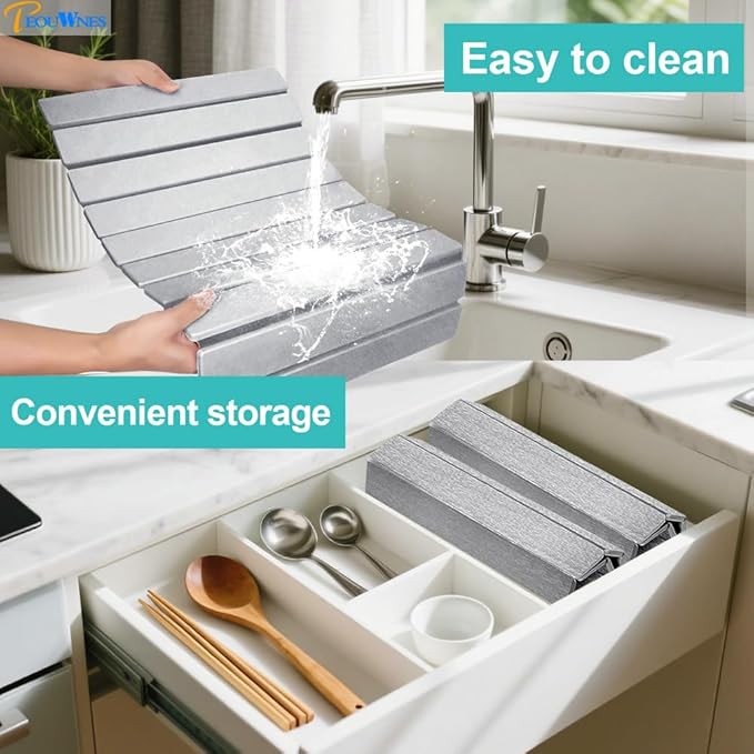 Large Gray Diatomaceous Stone Drying Mat for Kitchen Counter, Quick Dry Collapsible Drying Mat , Absorbent Bath Mat for Kitchen Dishes Cups Bottles Bathroom Any Countertop, 24 In x 16 In