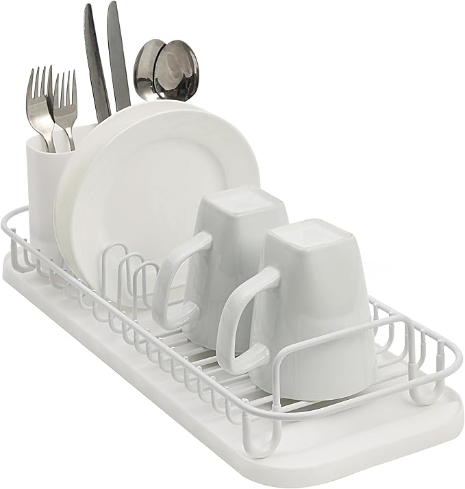SunnyPoint 304 Stainless Steel NeverRust Compact Dish Drying Rack with Utensil Holder & Removable Drain Tray, Rustproof Small Dish Rack for Kitchen Countertop or Over Sink – White