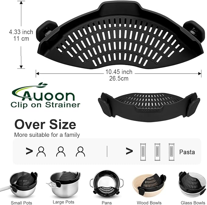 Large AUOON Clip on Strainer for All Pots and Pans - Oversized Silicone Pot Strainer Family-Style Design Pasta Strainer Kitchen Colander for Spaghetti and Noodles | Dishwasher Safe