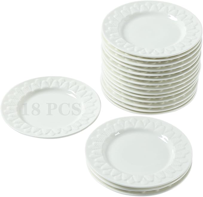 6 Inch Porcelain Appetizer Plate Set of 18, Small Dinner Plates, Dessert Salad Plates, White Leaves Shaped Serving Dishes for Cake, Snack, Ice Cream, Waffles, Microwave, Oven, and Dishwasher Safe