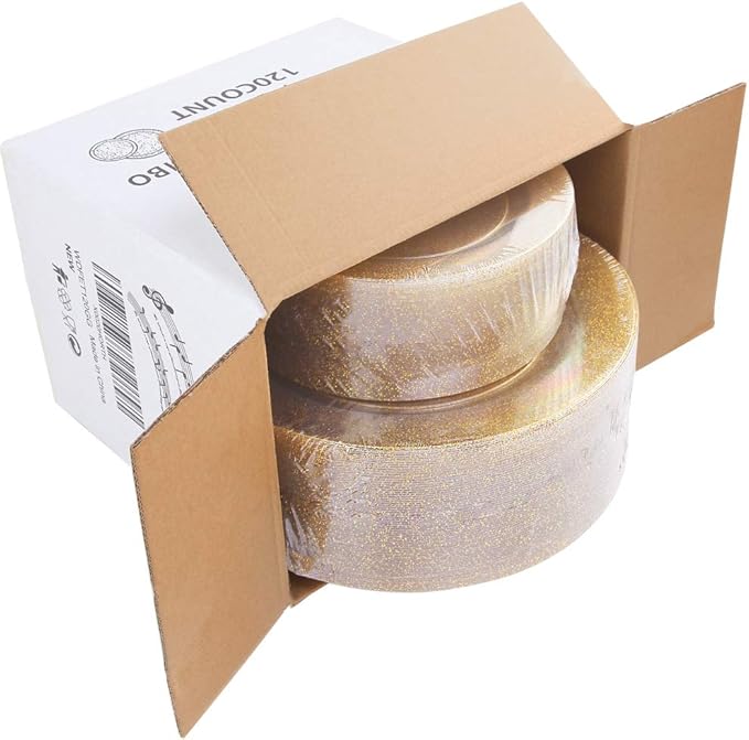 WDF 120PCS Gold Plastic Plates- Disposable Gold Glitter Plates, Premium Heavy Duty 60-10.25" Dinner Plate and 60-7.5" Salad Plate for Thanksgiving Parties &Wedding