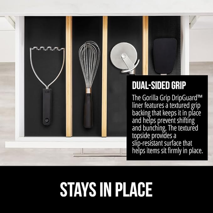 GORILLA GRIP DripGuard Drawer and Shelf Liner for Cabinet, Slip Resistant Non Adhesive Protection for Kitchen, BPA Free Smooth Surface Plastic Liners for Cabinets, Bathroom Drawers, 12x120 Inch, Black