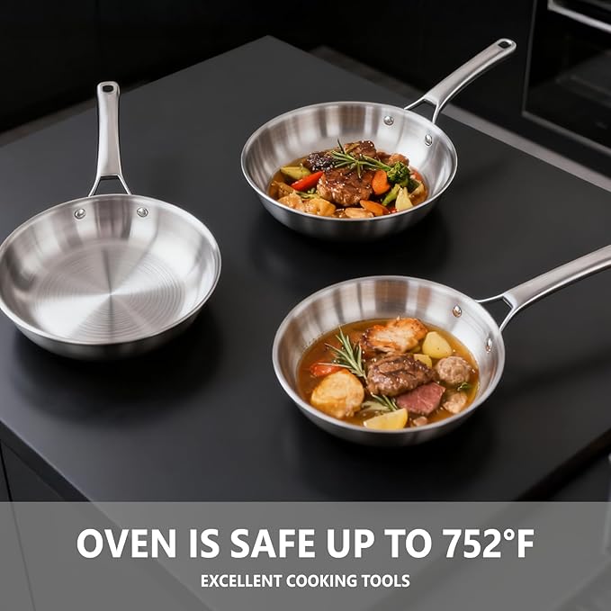 Bonnlo 11 Pieces Cookware Set, 3-Ply Stainless Steel Pots and Pans Set with Lids, Non-Toxic Kitchen Set, Oven & Dishwasher Safe, Induction Cooking Set, PFOA & PTFE Free, Compatible for All Cooktops