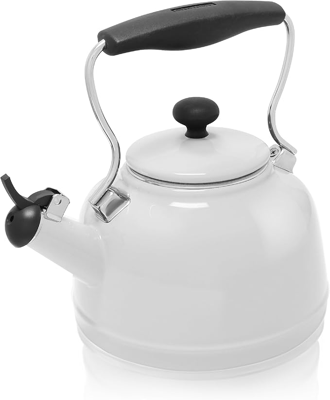 Chantal Tea Kettle, 1.7 QT, Vintage Series, Premium Enamel on Carbon Steel, Whistling, Even Heating & Quick Boil (White)