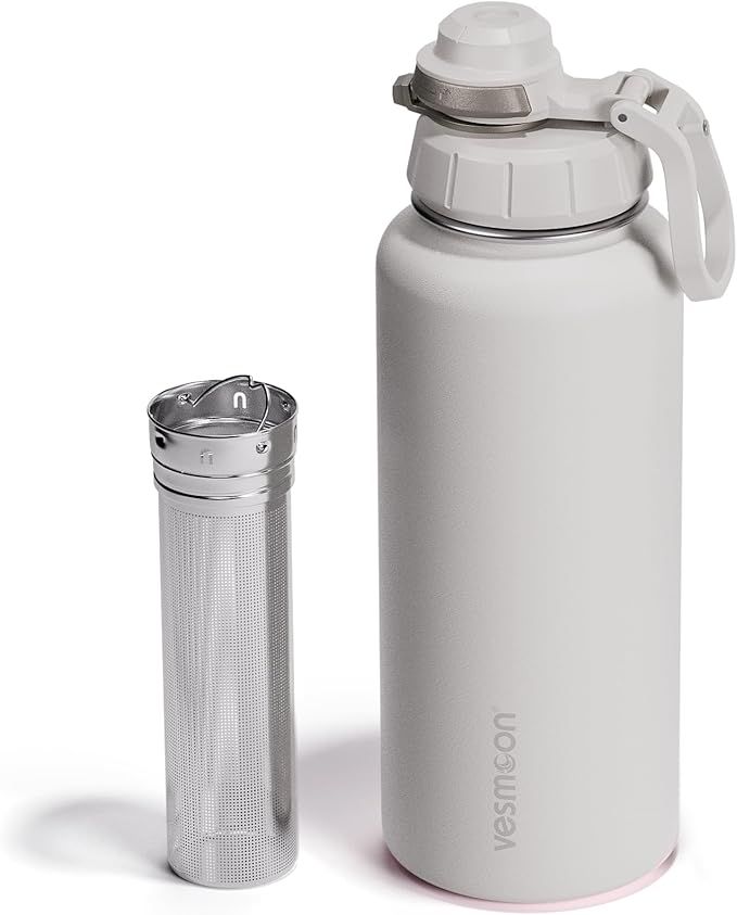 Vesmoon Vessence 32 Oz Stainless Steel Tea Infuser Bottle for Loose Leaf Tea, Water, Herbs, Fruits - Triple Layered Insulated, Leak Proof Bottle with Lid and Clip Handle - 24 Hours Hot/Cold
