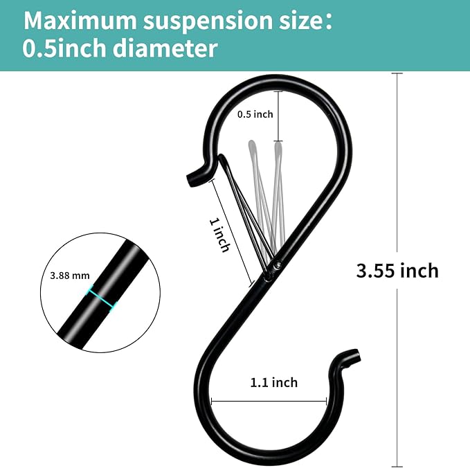 9 Pcs S Hooks for Hanging, 3.5 inch Heavy Duty S Hook of Metal for Clothes Rails, Closet Hooks with 0.5-inch Safety Buckle, S Hook for Hanging Plants, Kitchen Utensil, Pots, Pans, Bags