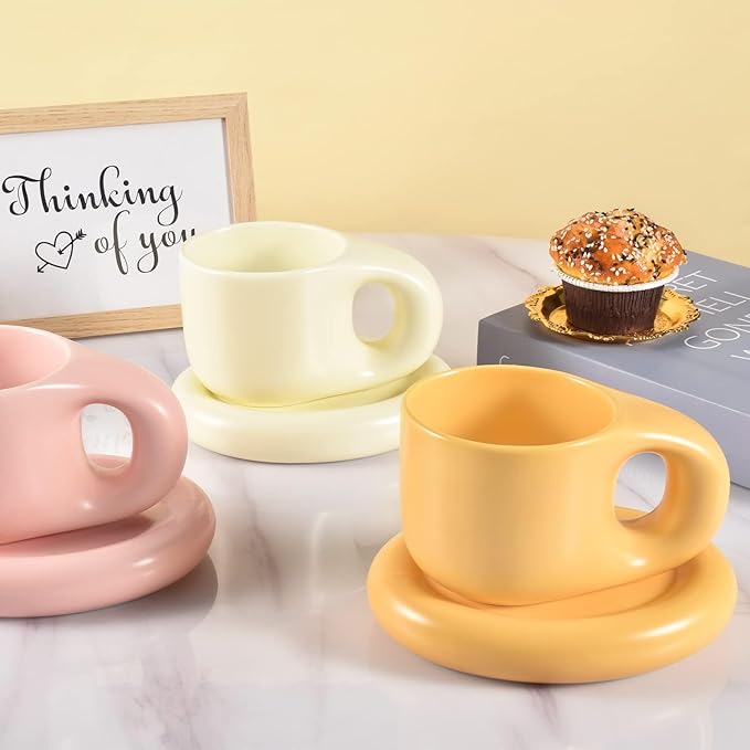 Koythin Ceramic Coffee Chubby Mug Saucer Set, Creative Cute Fat Handle Cup with Saucer for Office and Home, Dishwasher and Microwave Safe, 10 oz for Latte Tea Milk (Beige)