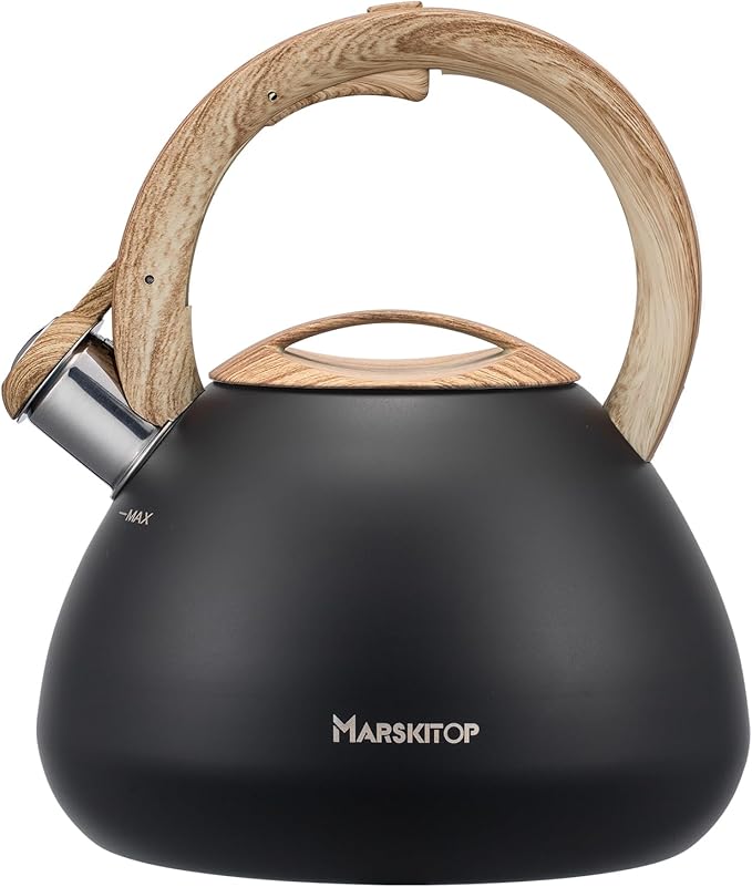 MARSKITOP Tea Kettle for Stove Top, Whistling Kettle Teapot for Stovetop, Food Grade Stainess Steel Teakettle with Cool Touch Ergonomic Handle, 2.6 Quart, Black