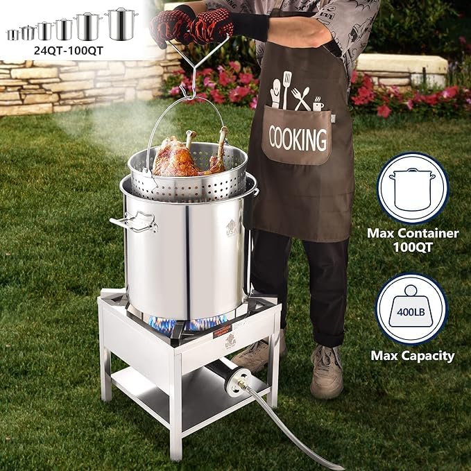 ARC 40QT Seafood Boiling Kit, 200,000BTU Propane Burner And Stainless Steel Crawfish Boil Pot w/Basket and Steamer Rack, For Outdoors Cooking and Steaming, Large Turkey Fryer, Lobster Shrimp Pot