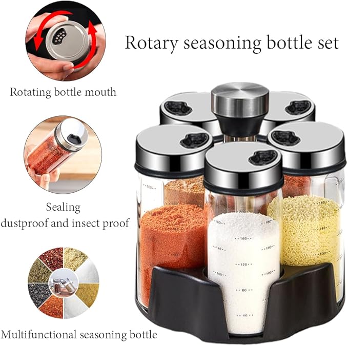 TINMIX Revolving Spice Rack Organizer, Rotating Seasoning Holder Shelf for Kitchen Countertop Cabinet, 4 Large 200ml Glass Jars + 1 Oil Dispenser Bottle