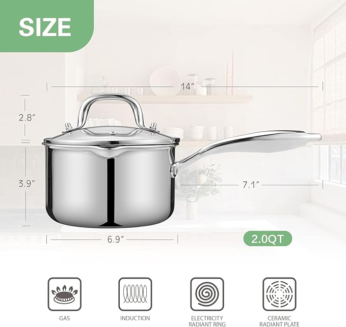 Tri-Ply Stainless Steel Sauce Pan with Steamer Basket & Strainer Glass Lid–Multi- Function Pot 2 QT- Modern Sleek Design–Safe,Chemical-Free & Stylish Cookware–Upgrade Your Kitchen with Healthy Cooking