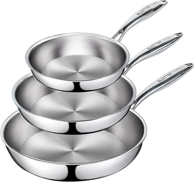 8-10-11.5inch Frying Pan Set Tri-Ply Stainless Steel Skillet Set,No Coatings Frying Pan with Stay-cool Handle for Cooking,Pots and Pans Set,Dishwasher and Oven Safe