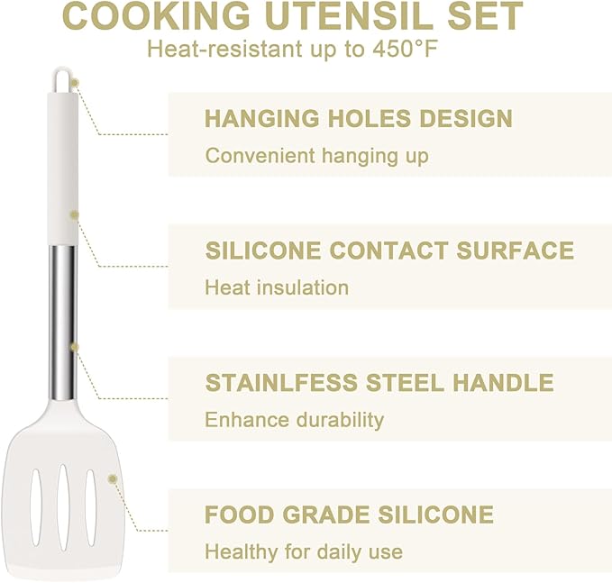 E-far Silicone Cooking Utensils Set, 7 Pcs Heat Resistant Kitchen Utensils with Stainless Steel Handle, Slotted Turner, Spoon, Soup Ladle, Pasta Server, Skimmer, Tongs for Nonstick Cookware, White