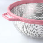 Stainless Steel Colander With Handle and Legs, Large Metal Pink Strainer for Pasta, Spaghetti, Berry, Veggies, Fruits, Noodles, Salads, 5-quart 10.5” Kitchen Mesh Colander, Dishwasher Safe