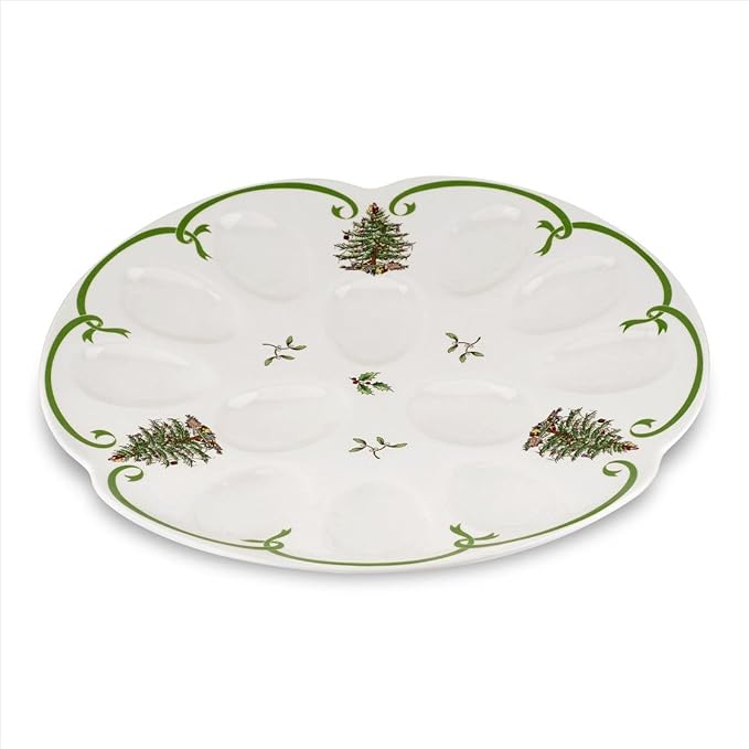 Spode Christmas Tree Deviled Egg Plate, 13 Inch Holiday Egg Serving Platter - Christmas Tree & Mistletoe Motif, Fine Porcelain Christmas Tableware, Dishwasher Safe Appetizer Tray