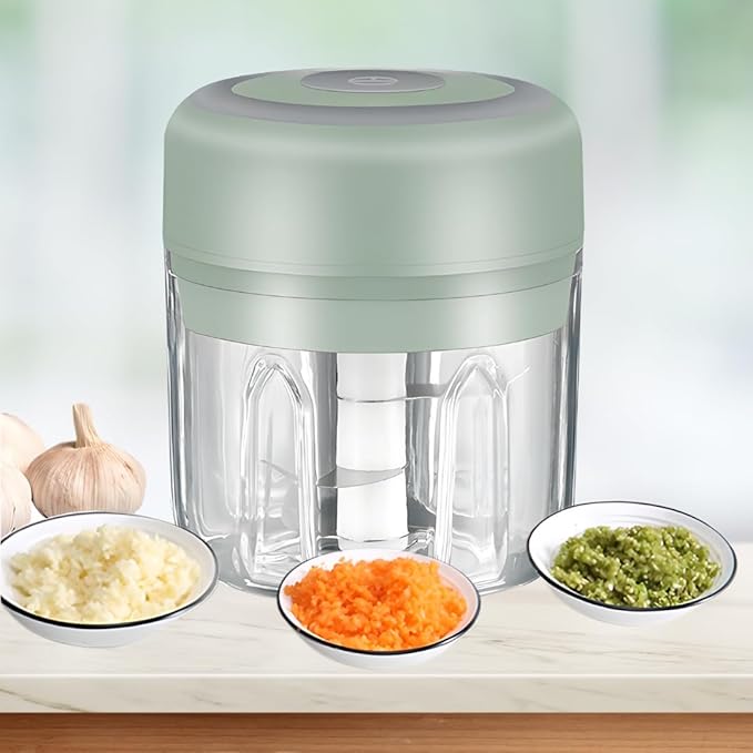 Green - Mini Electric Food Processor and Garlic Chopper - 250ML, USB Charging, 3 Blades - Perfect for Chopping Vegetable, Pepper, Onion, Garlic, Ginger, Spice, Meat, Baby Food, and More (Green)