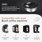 Stainless Steel Reusable Tassimo Pods with 4 Black Silicone Lid 60/180/200/220ml RefillableTassimo Coffee Pads wtih Tamper Compatible for Bosch Tassimo Machine