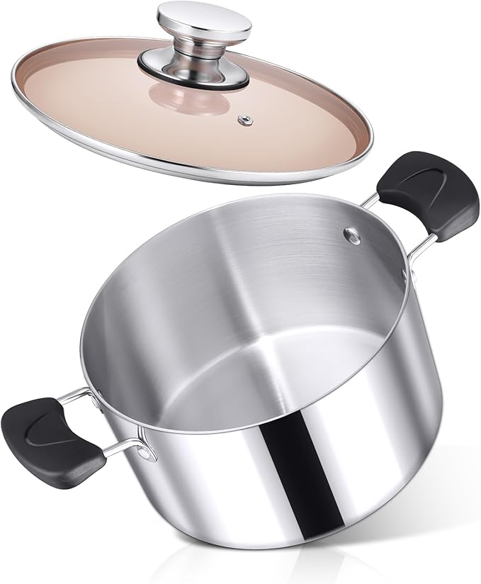 E-far 5Qt Stockpot, 3-Ply Stainless Steel Stock Pot with Glass Lid & Stay-Cool Handles for Cooking Simmering Soup Stew, Heavy Duty Cookware Works w/Induction, Non-toxic & Dishwasher Safe