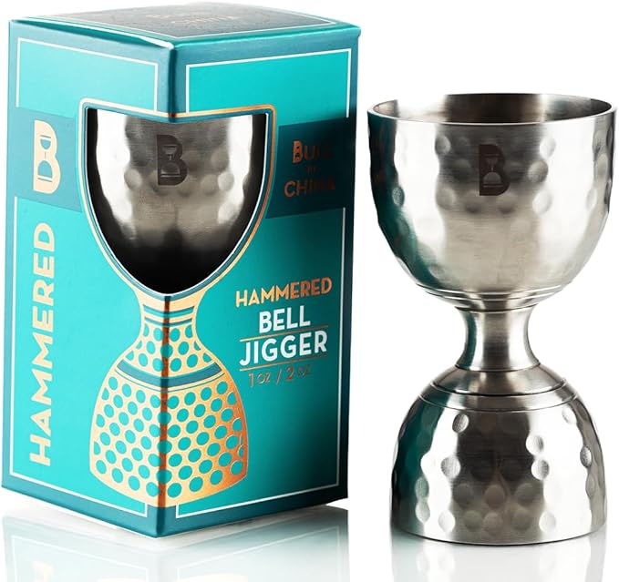 Hammered Bell Jigger by Bull In China - Premium Stainless Steel with 0.25oz to 2oz Measures for Cocktails, Bars & Bartenders