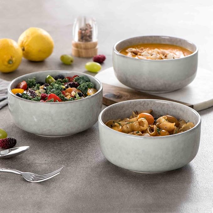 Henten Home Ceramic Otmeal Bowl Set of 4, 26 OZ Porcelain Bowls for Cereal, Salad, Soup, Noodle, Serving Stoneware Set, Reactive Glaze, Microwave & Dishwasher Safe (Grey)
