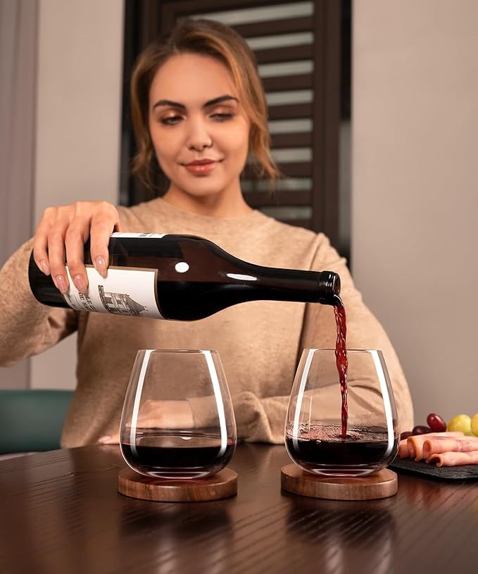 Stemless Wine Glasses Set of 4, 15oz Hand Blown Crystal Red White Wine Glass, Ideal for Daily Use and Special Days, Perfect Gifts for Both Men and Women, Father's Day