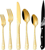 EUIRIO 48-Piece Gold Silverware Set with Steak Knives, Gold Flatware Set for 8, Stainless Steel Cutlery, Knives, Forks and Spoons, Unique Pattern Design, Mirror Polish, Dishwasher Safe