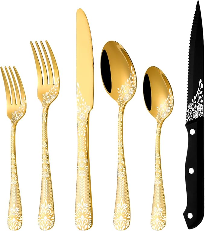 EUIRIO 48-Piece Gold Silverware Set with Steak Knives, Gold Flatware Set for 8, Stainless Steel Cutlery, Knives, Forks and Spoons, Unique Pattern Design, Mirror Polish, Dishwasher Safe