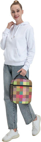 Multicolor Checkered Insulated Lunch Box – Reusable Colorful Checkerboard Lunch Bag for Adults & Kids, Portable Leakproof School Lunch Tote with Detachable Handle