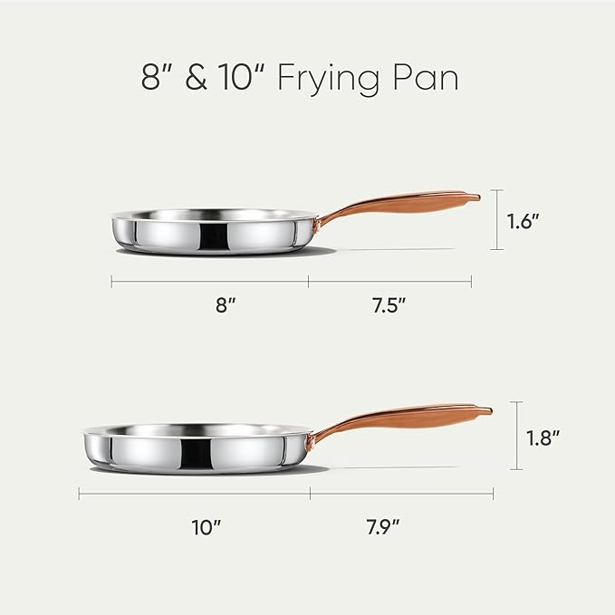 CAROTE 8"+10" Stainless Steel Frying Pan Set, Non-Toxic PTFE & PFOA Free Fry Pan & Omelet Pan, Oven Safe, Compatible with Induction, Ceramic, Gas Cooktops, Silver