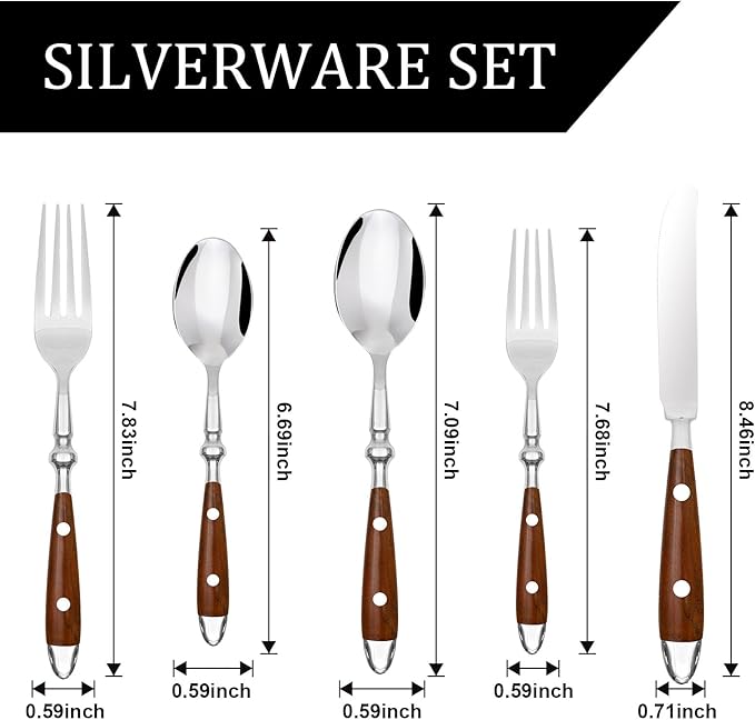 20-Piece Silverware Set Service for 4 with Two Rivets, Vintage Flatware Set, Stainless Steel Cutlery Set with Wood Grain Bakelite Handle,Dishwasher Safe, Light Brown Color