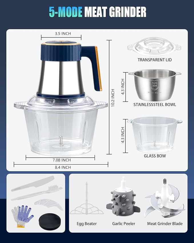 5-in-1 Electric Food Processor【800W Powerful German Motor】【6 Titanium Steel Blades | 6S Meat Grinding】Meat Grinder for Kitchen Use, Food Chopper for Vegetable, Fruits, Nuts, Baby & Pet Food(Blue)