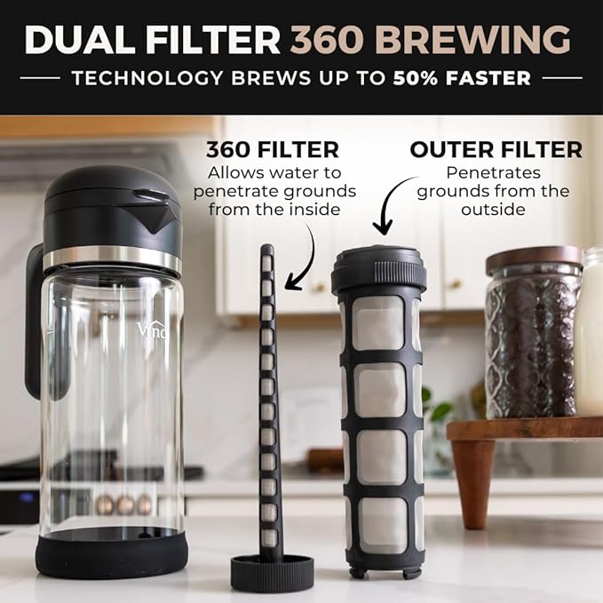 VINCI Cold Brew 360, Glass Cold Brew Coffee Maker Featuring Patented Dual Filter 360 Brewing Technology, Cold Brew for Iced Coffee (1.4 Liter / 47 FL.OZ)