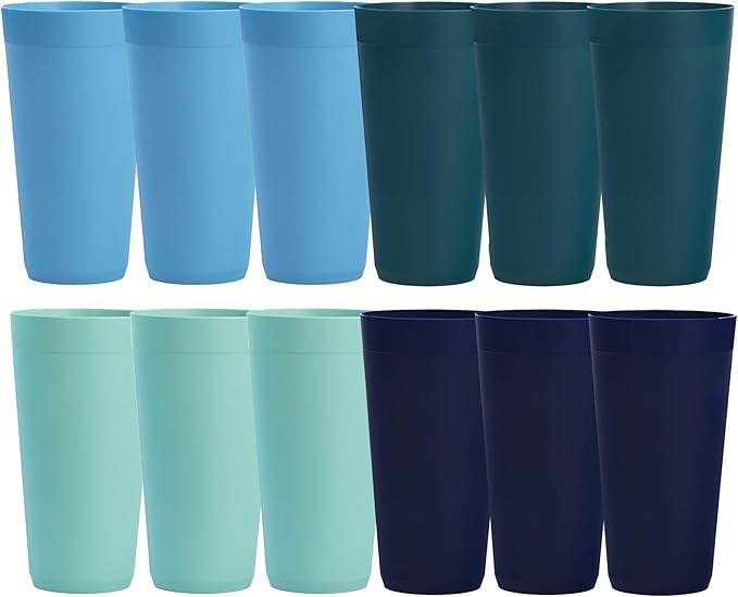 US Acrylic Newport 32 ounce Unbreakable Plastic Stackable Iced-Tea Tumblers in 4 Coastal Colors | Set of 12 Drinking Cups | Reusable, BPA-free, Made in the USA, Top-rack Dishwasher and Microwave Safe