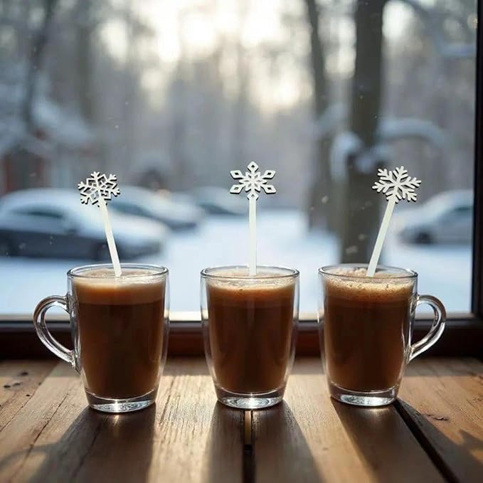 60 Pcs Snowflake Drink Stirrers Bulk, 5.9 Inch Wooden Cocktail Picks with 3 Unique Snowflake Designs, Bamboo Toothpicks for Appetizers, Coffee Bar, Beverages, Winter Christmas Party Supplies
