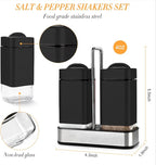 Black Salt and Pepper Shakers Set with Holder, Salt Shaker with Adjustable Pour Holes, Stainless Steel Refillable Spice Dispenser by Aelga