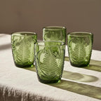 Vintage Drinking Glasses Set Of 4-10 oz Textured Green Glass Cups, Cute Green Glassware for Home & Bar, Retro Style Embossed Drinkware, Unique Decorative Cocktail Cup Sets - Heavy Duty & Durable