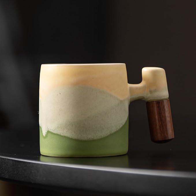 2-Oz Ceramic Espresso Cups with Wood Handle, 2/4-Piece Set for Coffee, Tea, Latte - Dishwasher Safe, Multi-Color & Wood Styles, Gift & Café Use (Kiln turning green, Wooden Handle4)